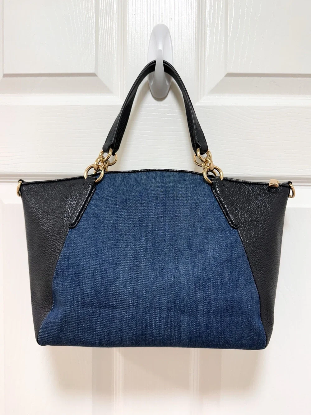 Coach Satchel Bag Kelsey‎ Denim Colorblock Black Pebbled Leather